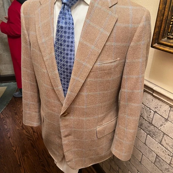 Custom Bespoke 100% Cashmere Windowpane Sport Coat Blazer Jacket Tan Men 42S - Picture 9 of 15